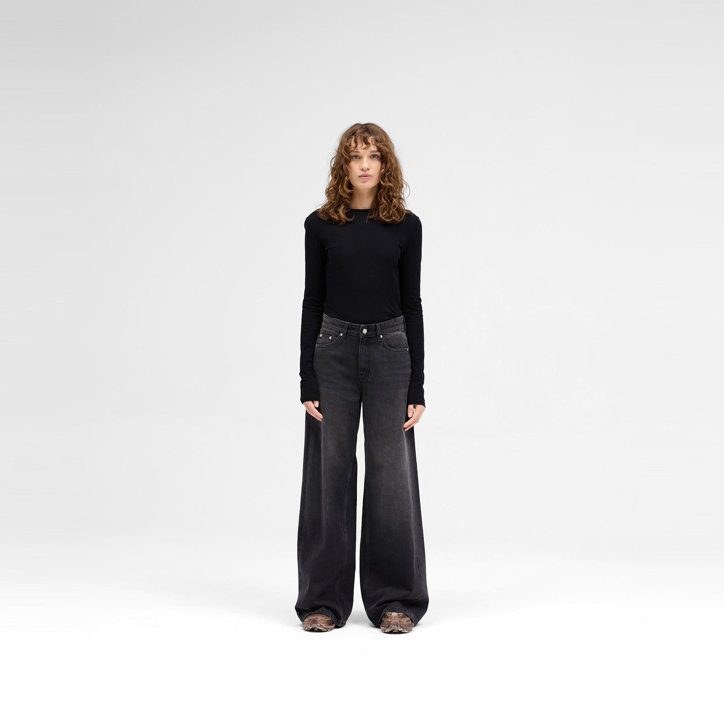 High Waisted Stone Washed Cotton Wide Leg Jeans