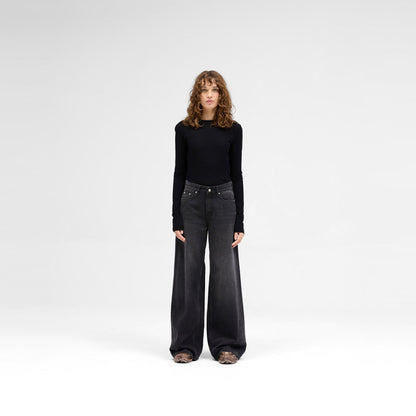 High Waisted Stone Washed Cotton Wide Leg Jeans