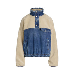 Fleece and Denim Funnel Neck Long Sleeve Oversized Fit Sherpa Jacket