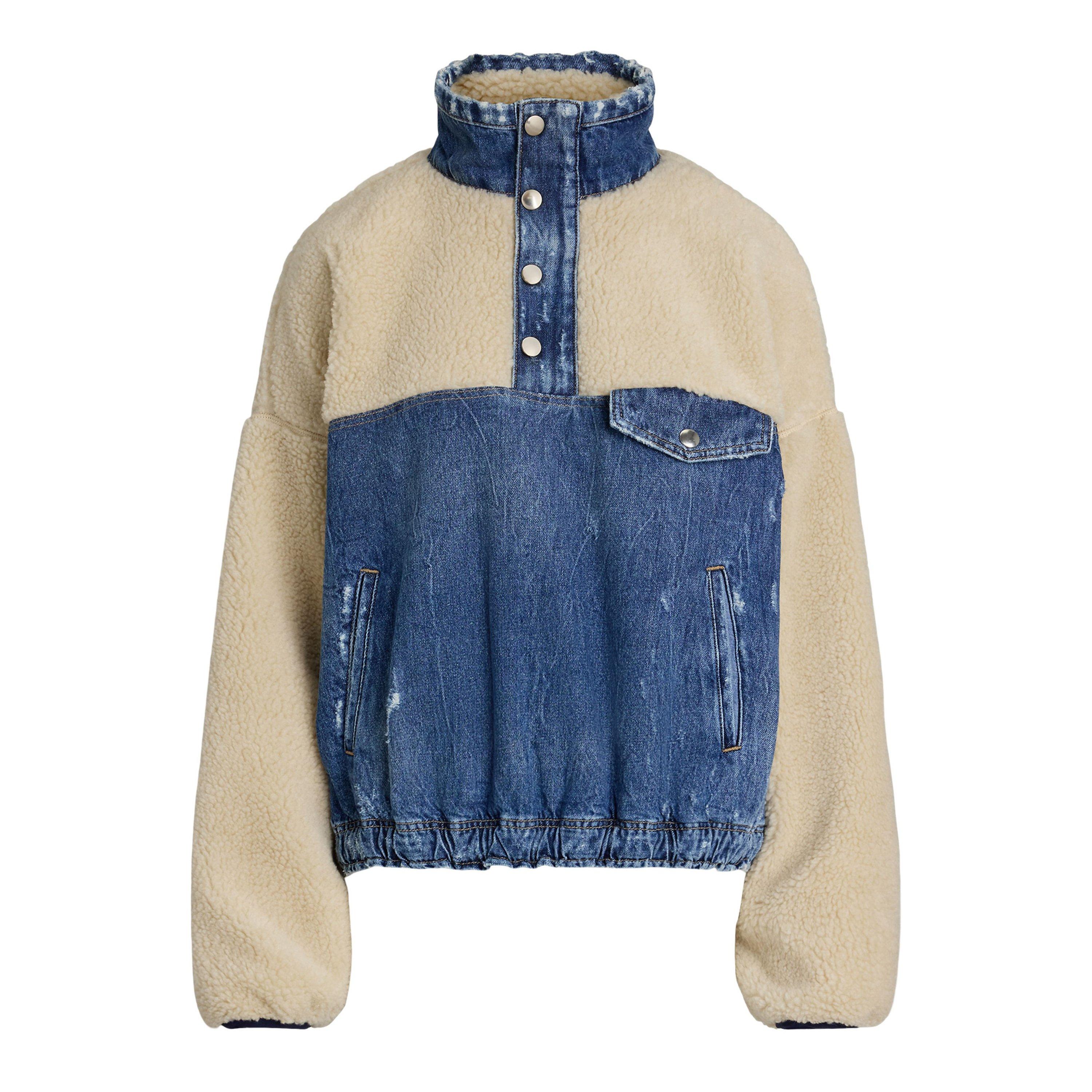Fleece and Denim Funnel Neck Long Sleeve Oversized Fit Sherpa Jacket