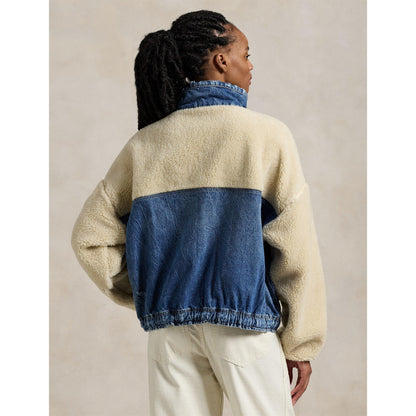 Fleece and Denim Funnel Neck Long Sleeve Oversized Fit Sherpa Jacket