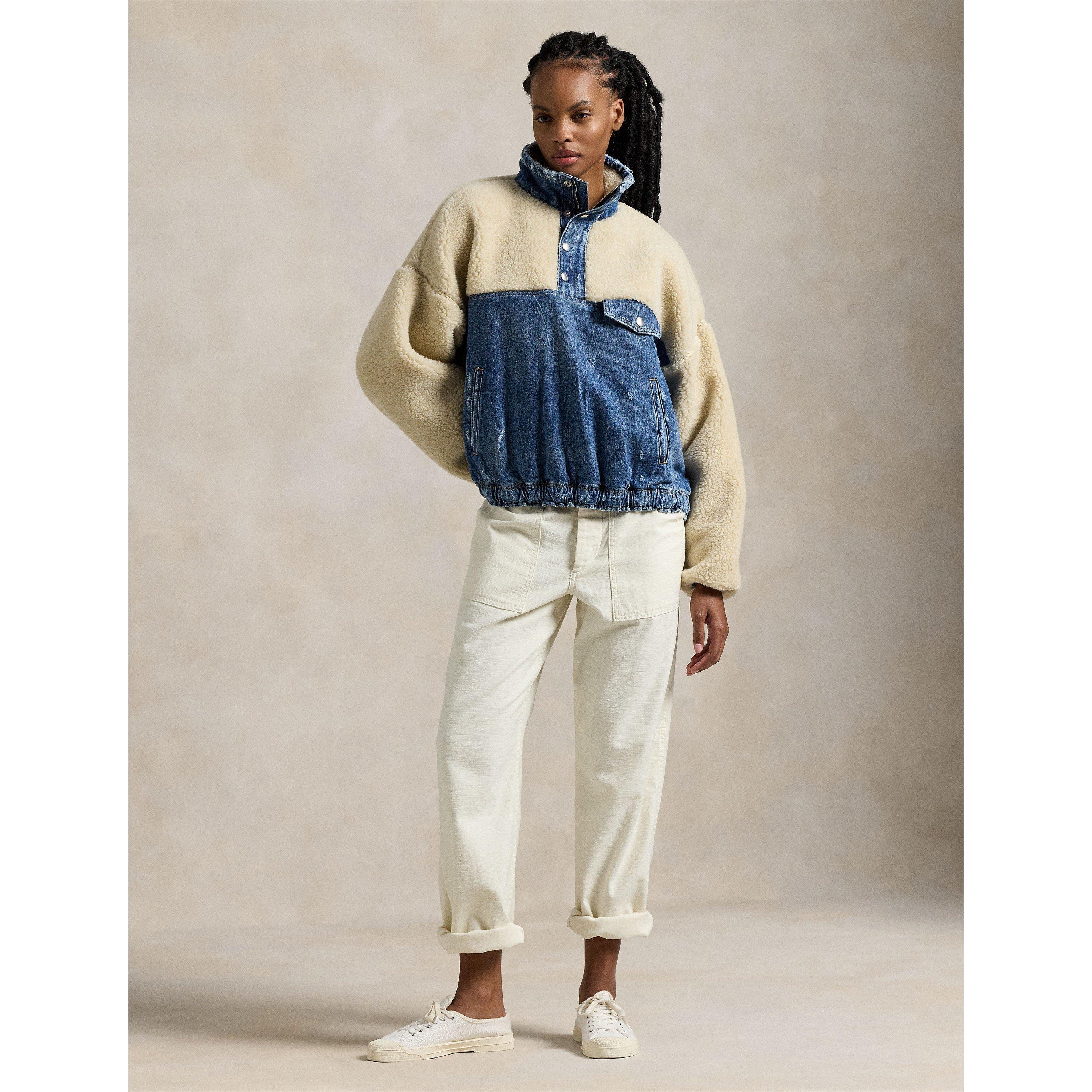 Fleece and Denim Funnel Neck Long Sleeve Oversized Fit Sherpa Jacket