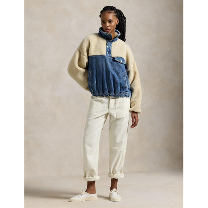 Fleece and Denim Funnel Neck Long Sleeve Oversized Fit Sherpa Jacket