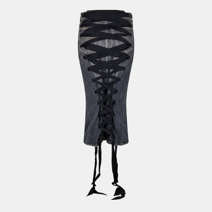 Lace-Up Denim Skirt