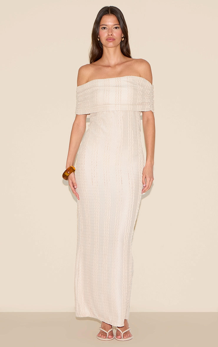 Cream Textured Bardot Maxi Dress