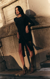Navy Slinky Long Sleeve Wrap Bust Twist Detail Mini Dress