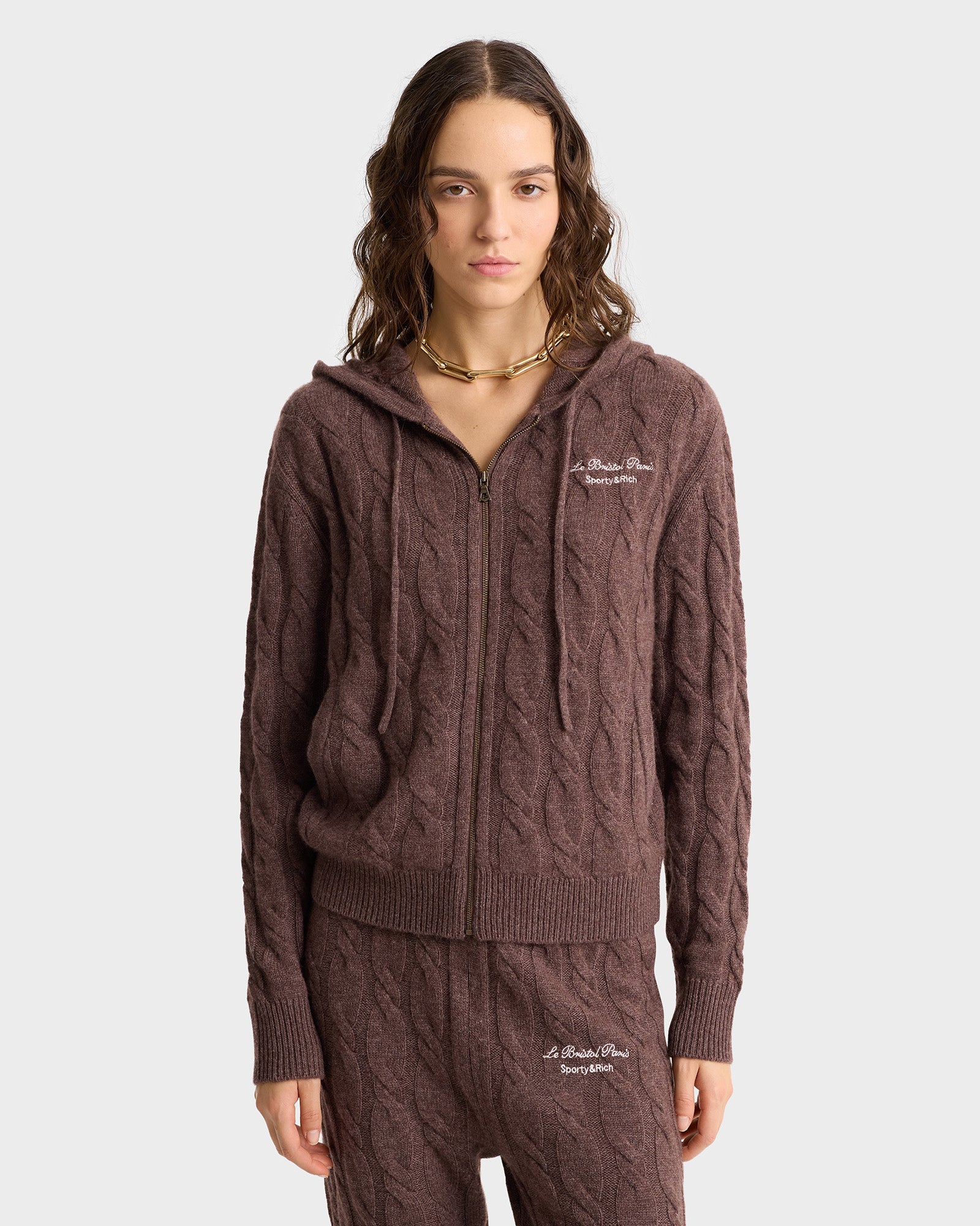 Faubourg Cableknit Wool Cashmere Zip Hoodie - Chocolate/Cream