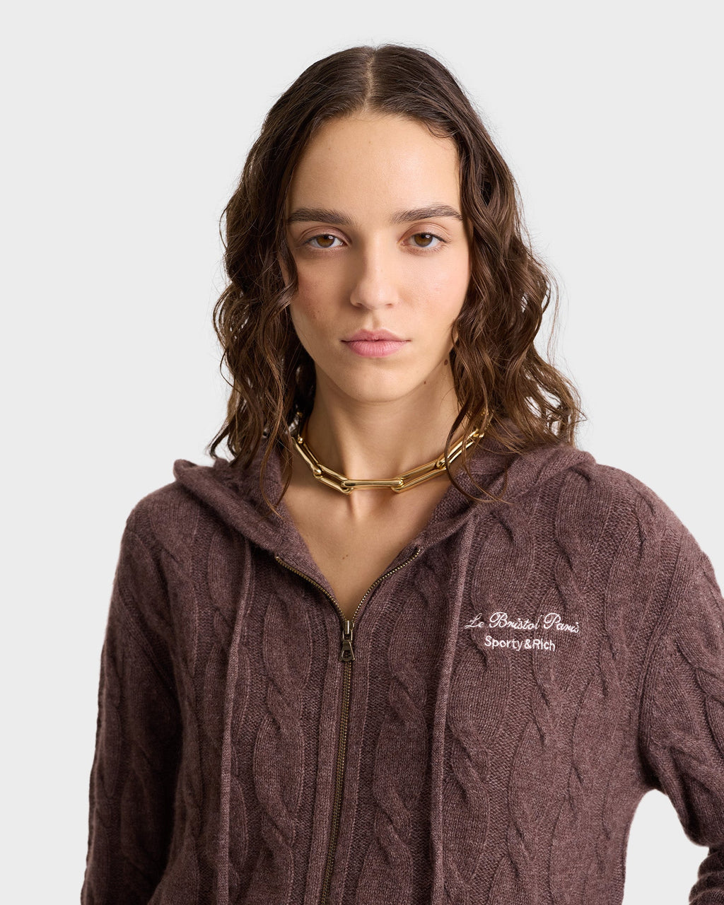 Faubourg Cableknit Wool Cashmere Zip Hoodie - Chocolate/Cream