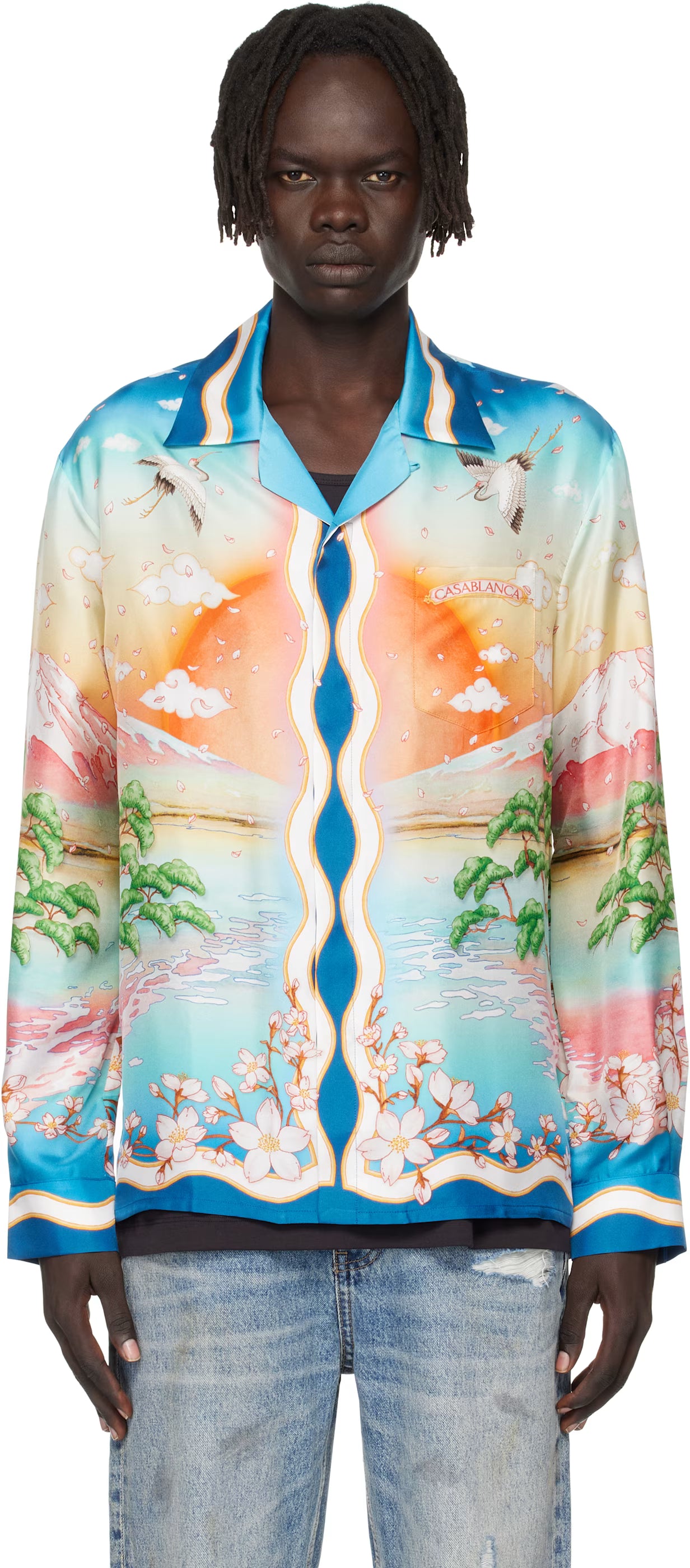 Multicolor 'Tennis Club' Long Sleeve Silk Shirt