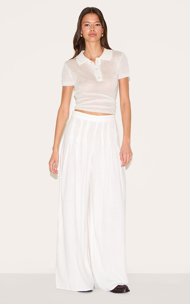 White Linen Blend Floaty Pin Tuck Wide Leg Trousers