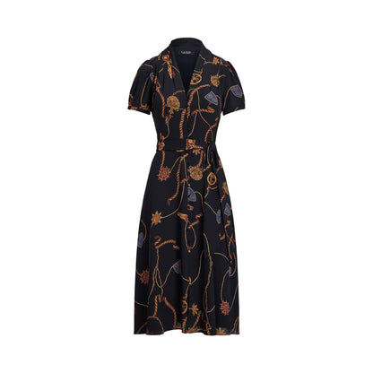 Print Belted Georgette Puff-Sleeve Dress