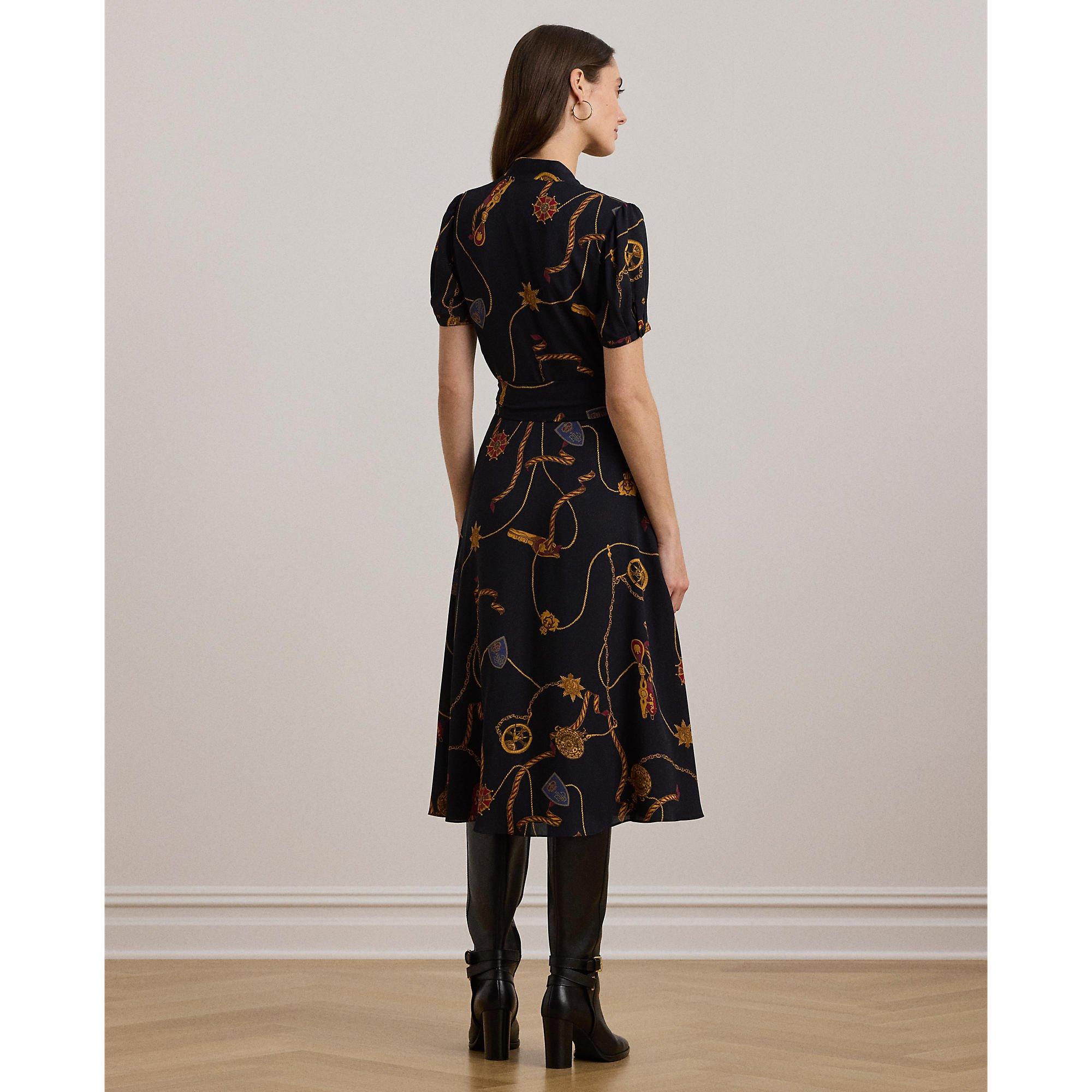 Print Belted Georgette Puff-Sleeve Dress