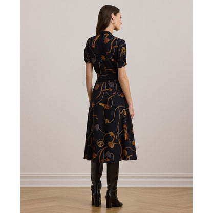 Print Belted Georgette Puff-Sleeve Dress