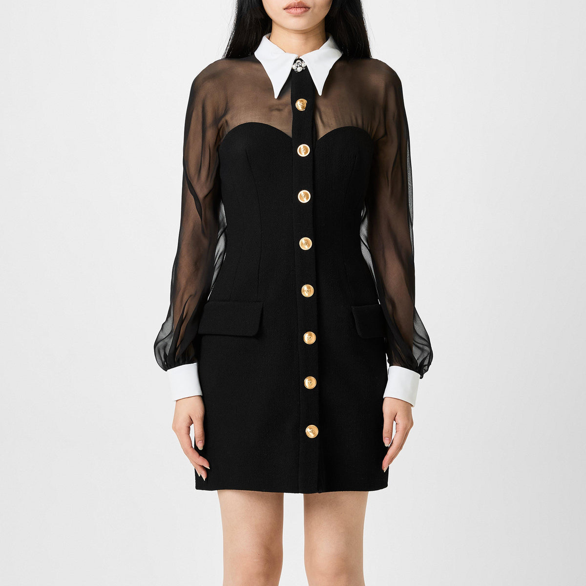 Contrast-Collar Bustier Mini Dress