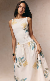 Yellow Floral Printed Dropped Waist Midaxi Dress