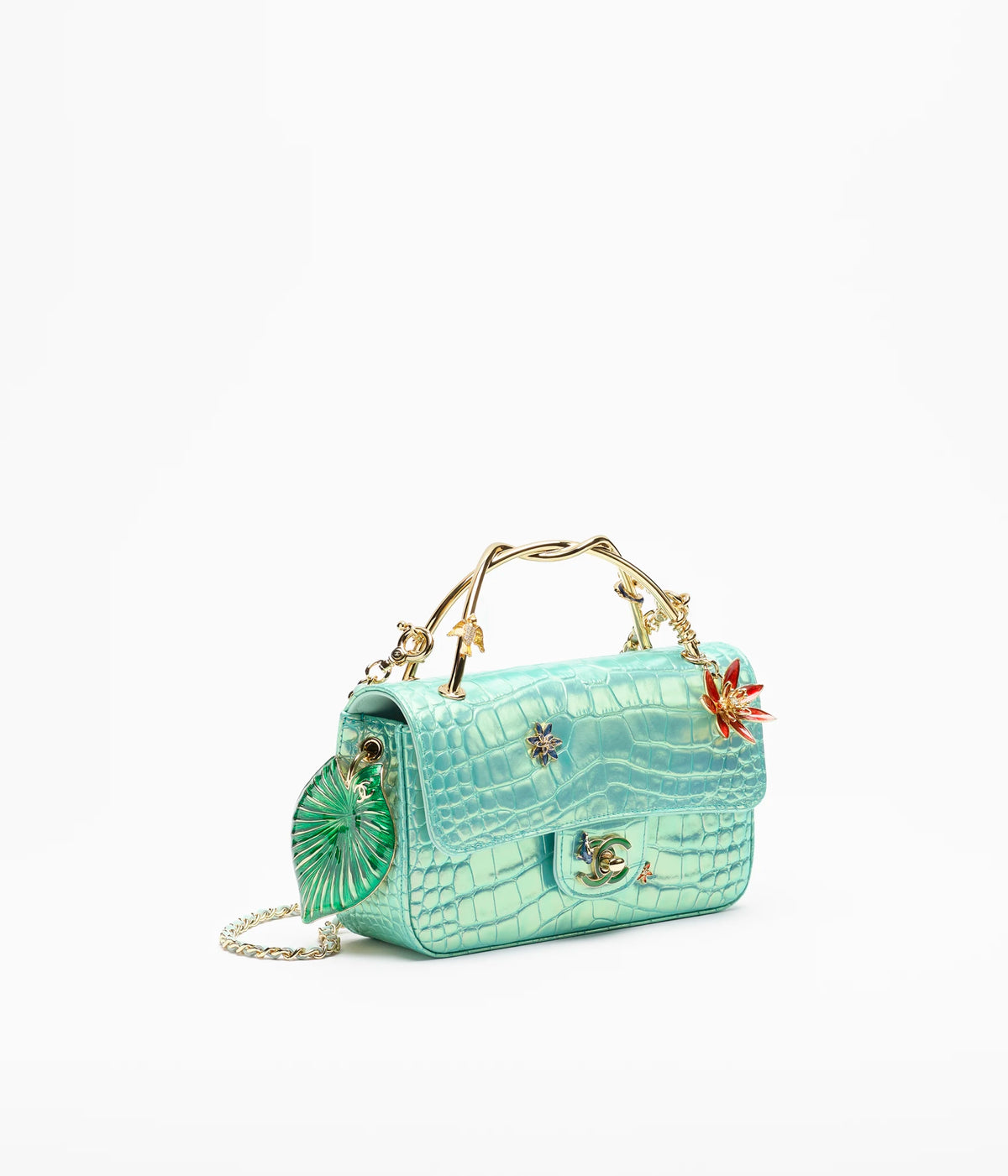 Mini Classic Handbag With Top Handle Crocodile Embossed Iridescent Calfskin, Enamel & Gold-Tone Metal Turquoise