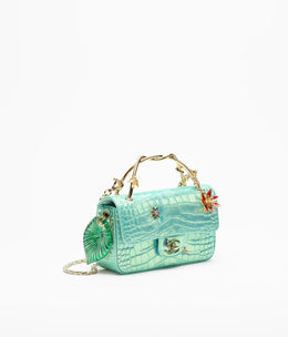 Mini Classic Handbag With Top Handle Crocodile Embossed Iridescent Calfskin, Enamel & Gold-Tone Metal Turquoise