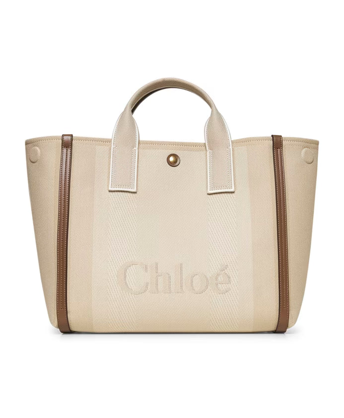 Beige Striped Canvas Shoulder Bag