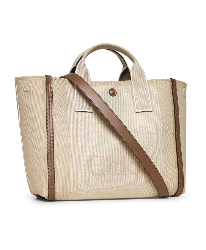 Beige Striped Canvas Shoulder Bag