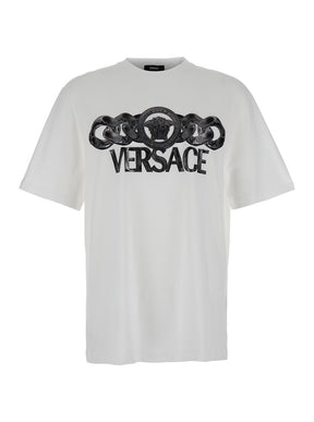 Versace White T-Shirt with Medusa Head Logo Print on the Front in Cotton Man