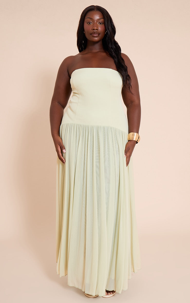 Plus Sage Bandeau Chiffon Pleated Maxi Dress
