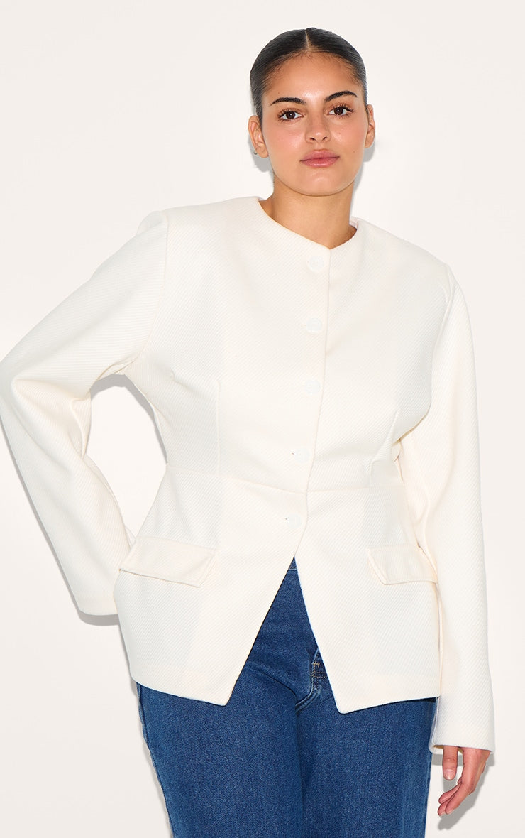 Plus Cream Button Up Longline Collarless Blazer