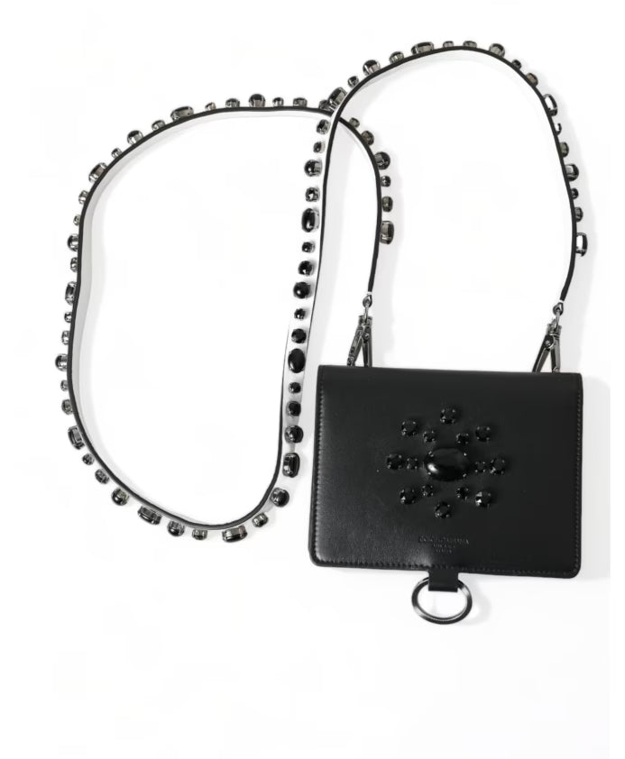 Elegant Black Leather Crystal Card Holder Wallet