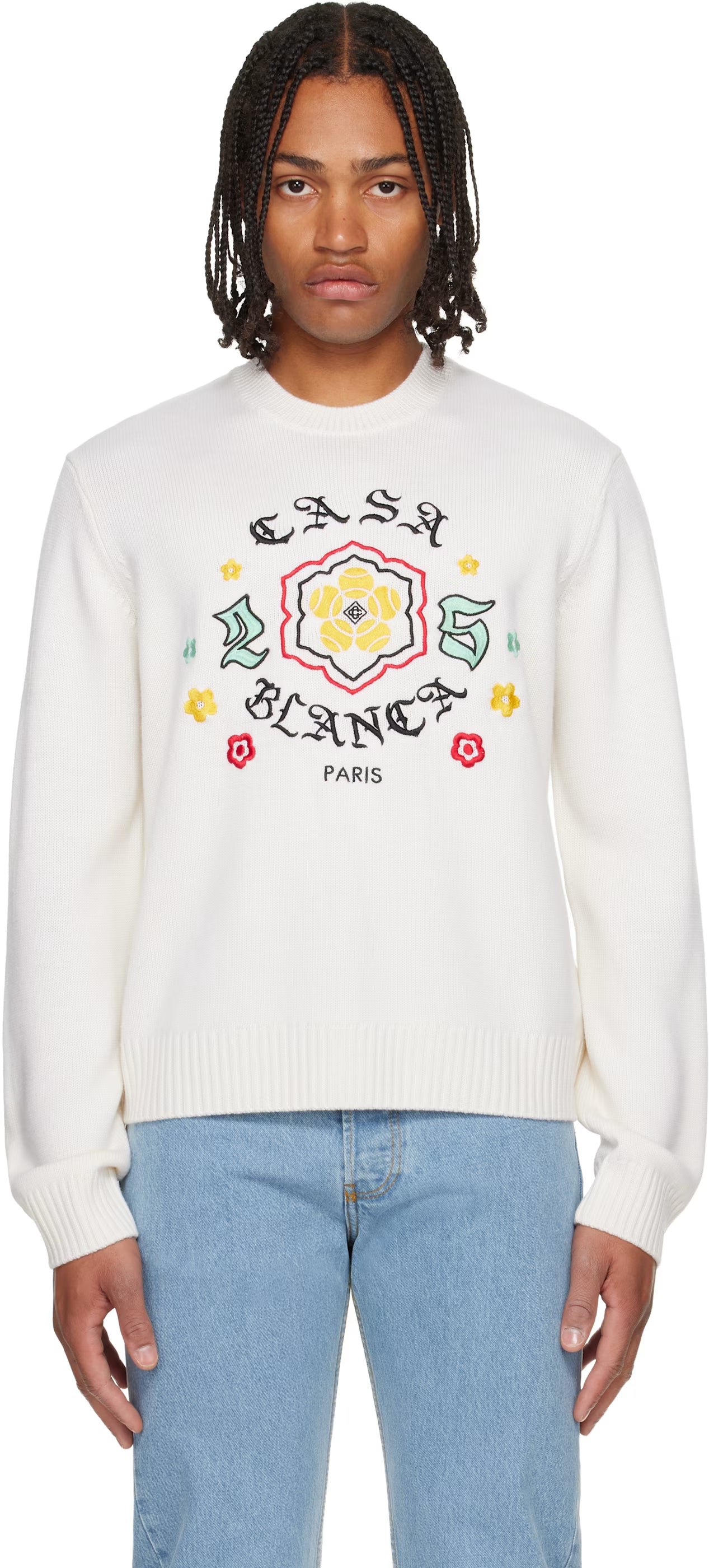 Beige Emblem Merino Knit Crew Neck Sweater