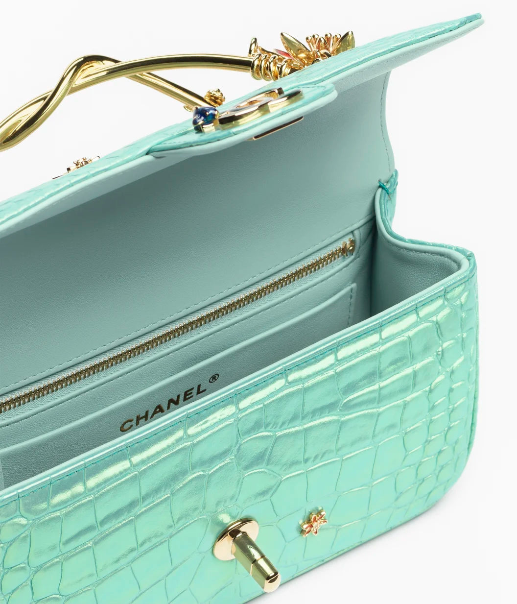 Mini Classic Handbag With Top Handle Crocodile Embossed Iridescent Calfskin, Enamel & Gold-Tone Metal Turquoise