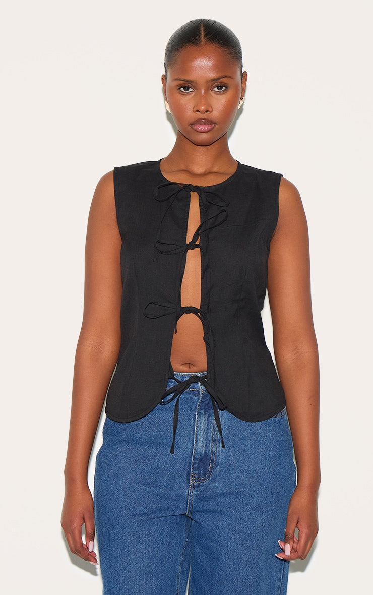 Black Lightweight Woven Tie Front Waistcoat