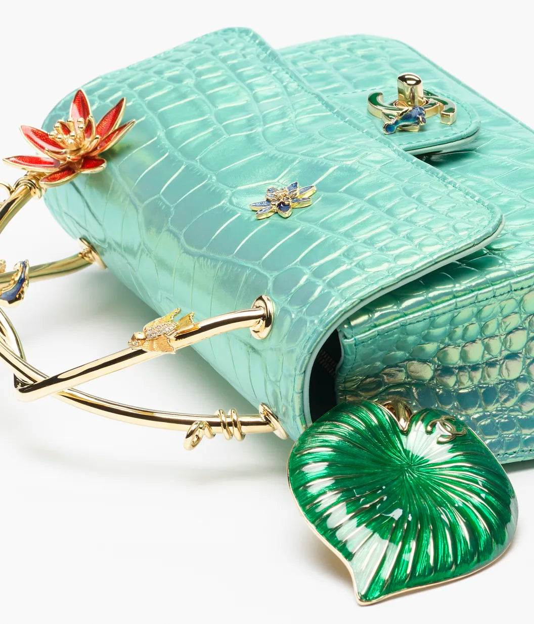 Mini Classic Handbag With Top Handle Crocodile Embossed Iridescent Calfskin, Enamel & Gold-Tone Metal Turquoise