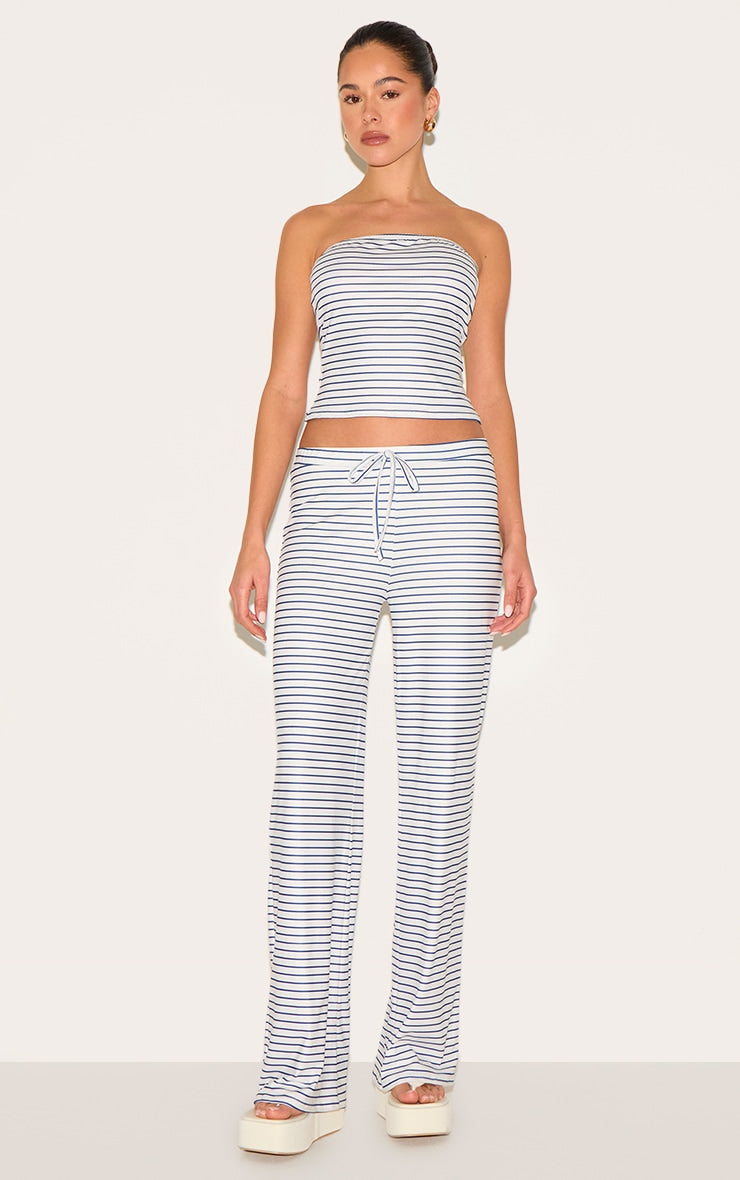 Blue Soft Touch Striped Mid Rise Wide Leg Trousers