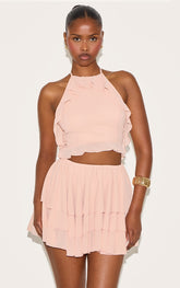 Blush Halterneck Frill Cut Out Shift Dress