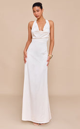 Cream Satin Cowl Neck Cross Back Maxi Dress