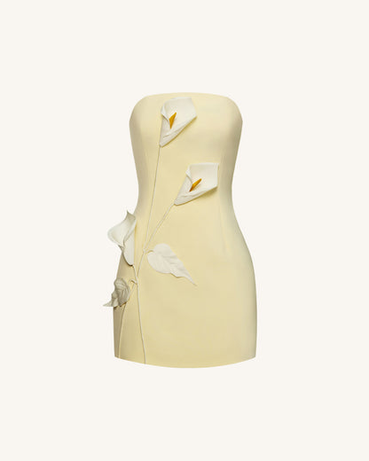 Strapless Floral Appliqué Dress - Yellow