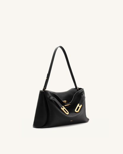 Rhea Pebbled Double Buckle Shoulder Bag - Black
