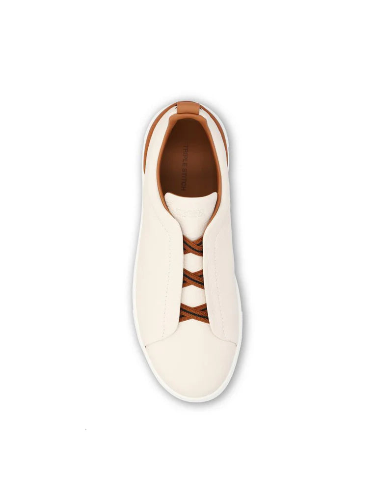 Zegna Men’s Triple Stitch™ White & Brown Deerskin Slip-On Sneakers – Made in Italy | Luxury Casual Footwear