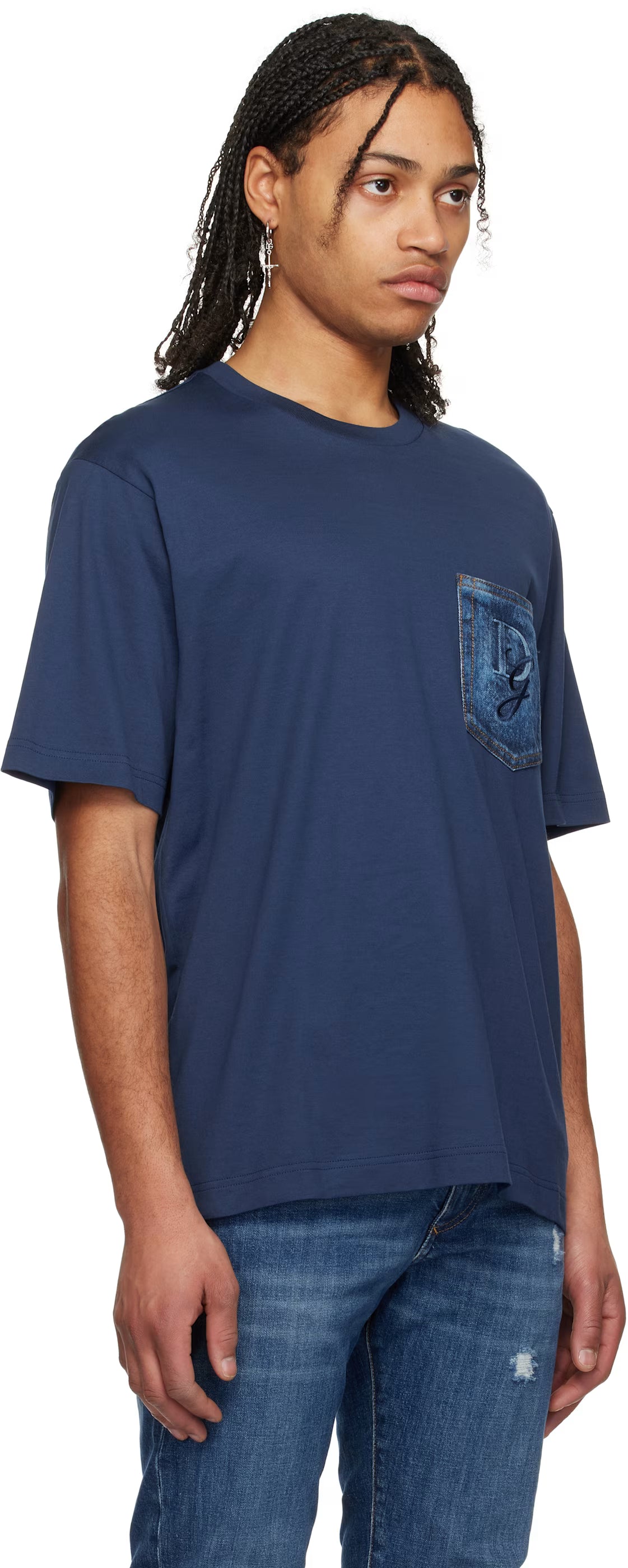 Dolce&Gabbana Navy Breast Pocket & Logo Embroidery Cotton T-shirt