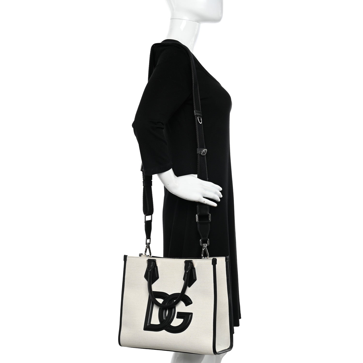 Canvas Calfskin Small DG Logo Shopper Natural Black