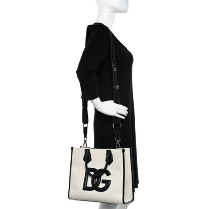 Canvas Calfskin Small DG Logo Shopper Natural Black