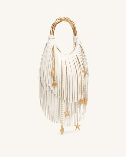 Chloe Metal Handle Fringe Top Handbag - Off White