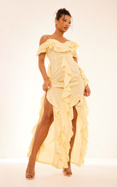 Lemon Cold Shoulder Ruffle Detail Maxi Dress