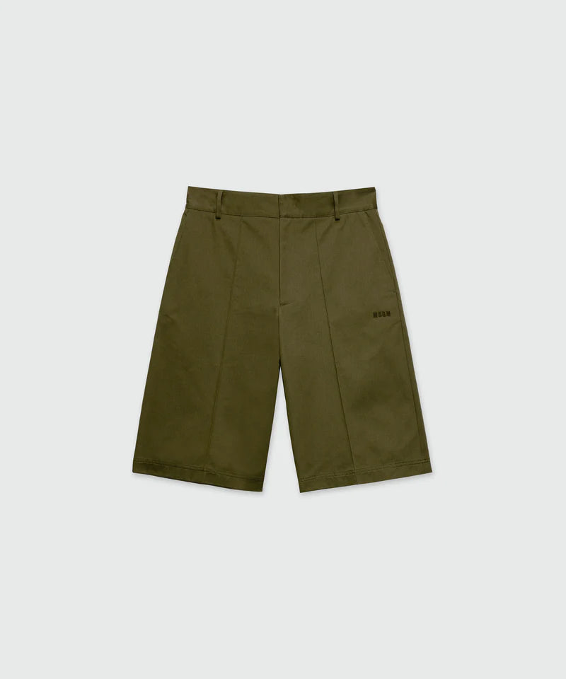 Olive green cotton drill Bermuda shorts with pleats and MSGM logo, featuring belt loops and pockets.