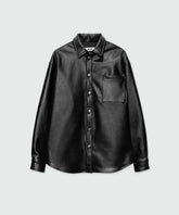Black long-sleeved shirt with structured faux leather pocket, classic collar, and adjustable cuffs.