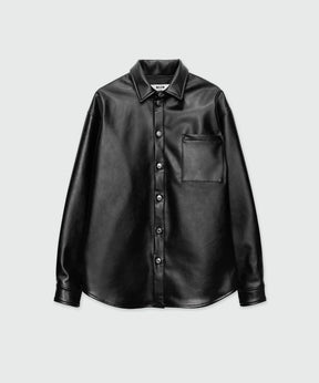 Black long-sleeved shirt with structured faux leather pocket, classic collar, and adjustable cuffs.
