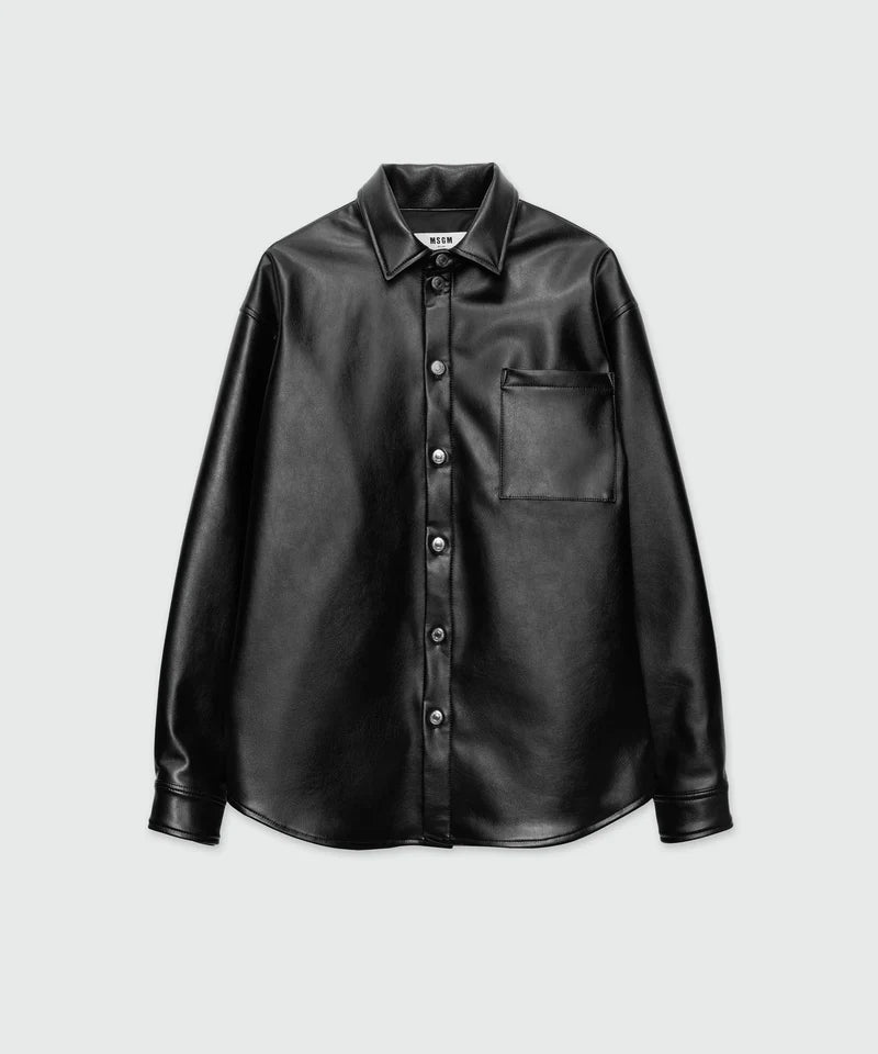 Black long-sleeved shirt with structured faux leather pocket, classic collar, and adjustable cuffs.