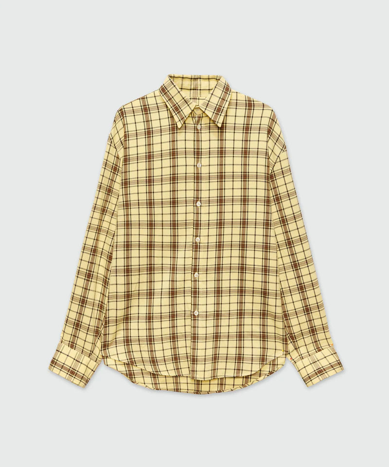 Yellow viscose shirt with check pattern, long-sleeved, classic collar, buttoned cuffs, oversized fit, tone-on-tone MSGM embroidery.