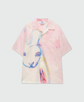 Pink poplin short-sleeved bowling shirt with The White Rabbit print and patch pocket, oversized fit.