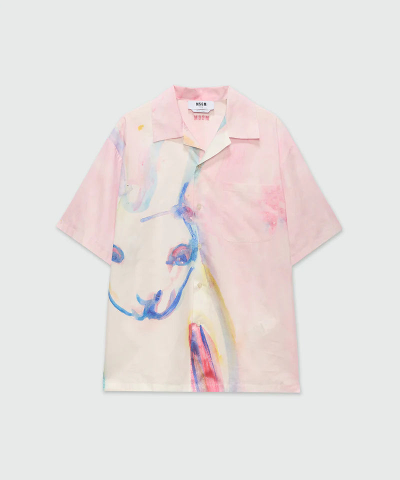 Pink poplin short-sleeved bowling shirt with The White Rabbit print and patch pocket, oversized fit.