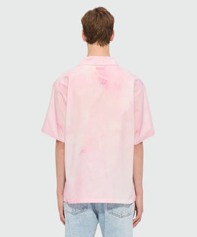 Back view of pink poplin bowling shirt with The White Rabbit print, oversized fit and tone-on-tone logo.